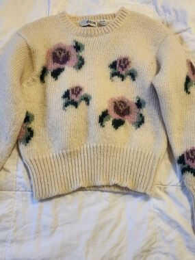 Aston 100% Wool Knit Sweater with Pink Floral Motif